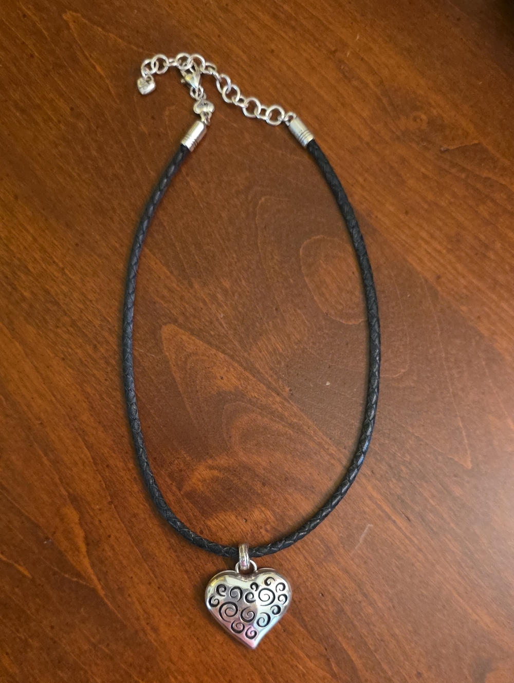 Brighton Silver Tone Heart With Black Leather Braided Necklace